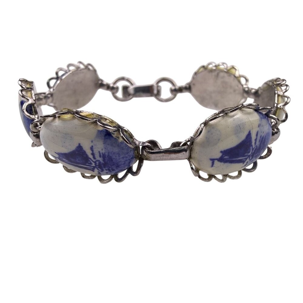 Delft Blue Womens Silver Tone Ceramic Bracelet Hand-Painted Oval Design